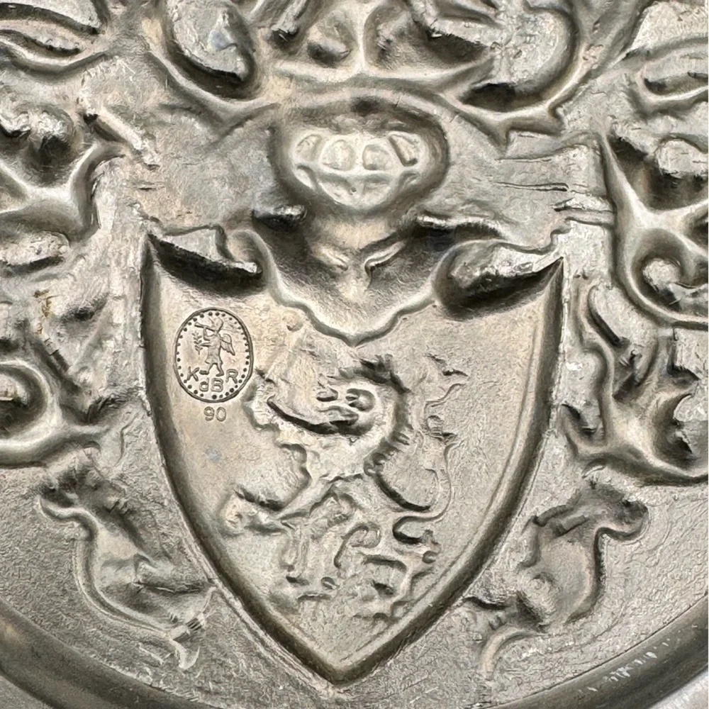 KR Roelen Tin BV Coat Of Arms Crown Shield w/ Lion Sword & Scale Pewter Plate